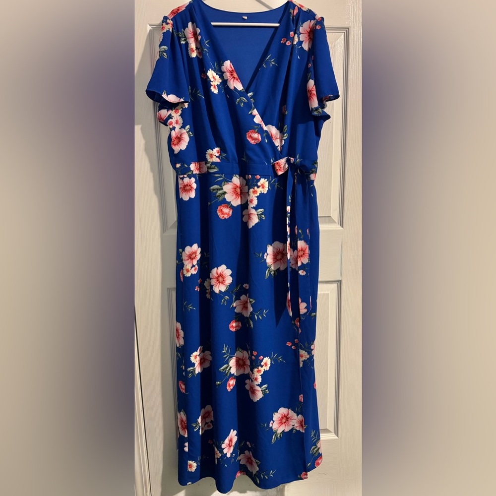 Vibrant Floral Dress 18/20 Blue & Botanical Pinks Faux-wrap Midi - Picture 3 of 11